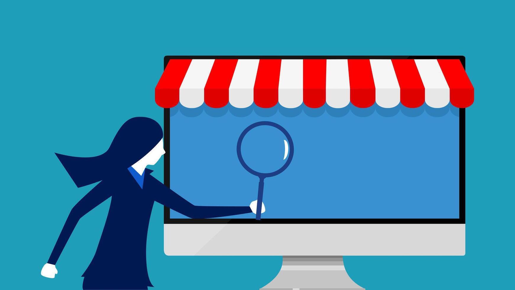 a woman is looking at a computer screen with a magnifying glass vector