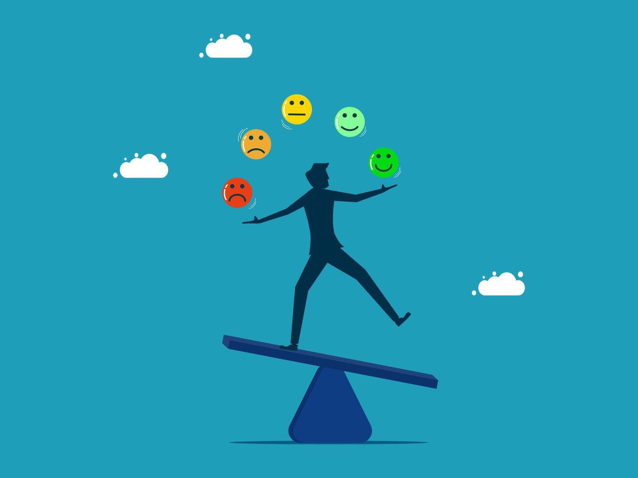businessman balancing on a seesaw with colorful smiley faces vector