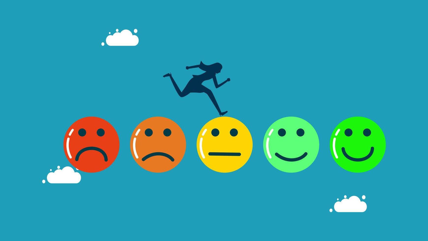 a woman is running across a rainbow of emoticions vector