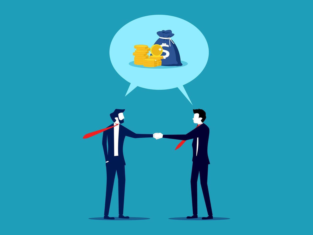 two businessmen shaking hands with a money bag vector