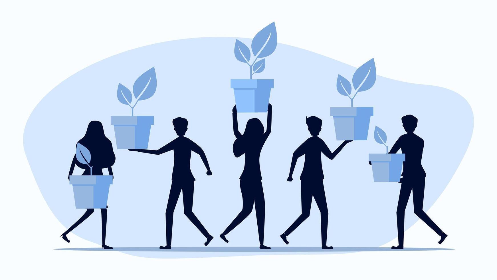 people carrying plants in pots, with one holding a plant vector