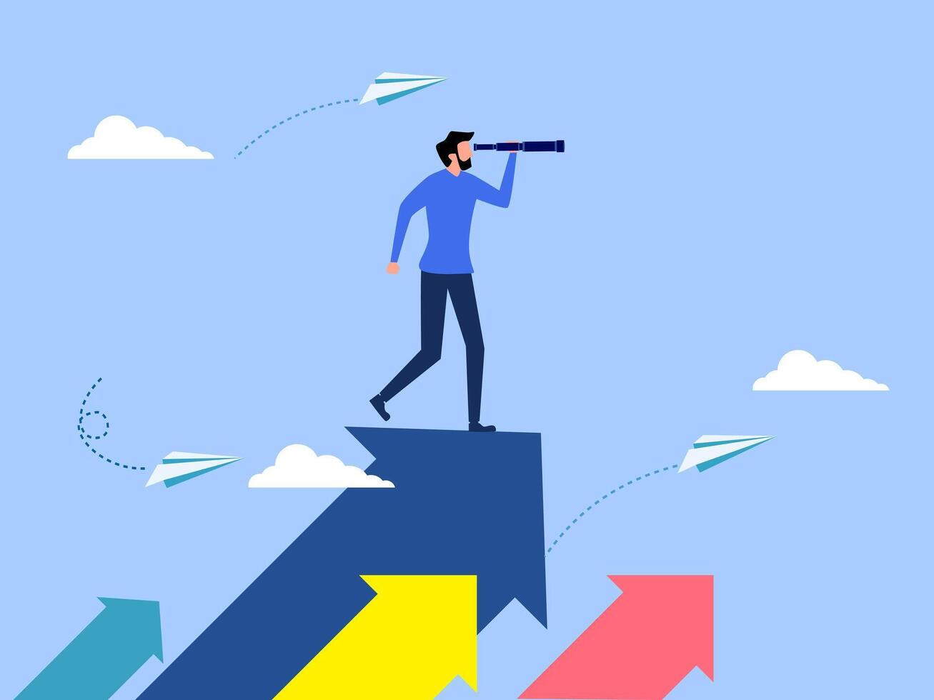 businessman looking through telescope on top of arrow vector