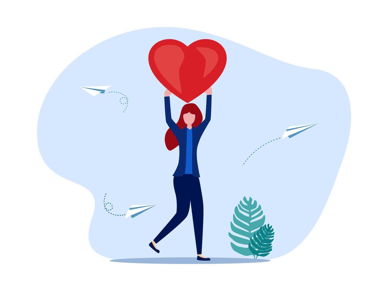 woman holding a heart shaped balloon with paper airplanes vector