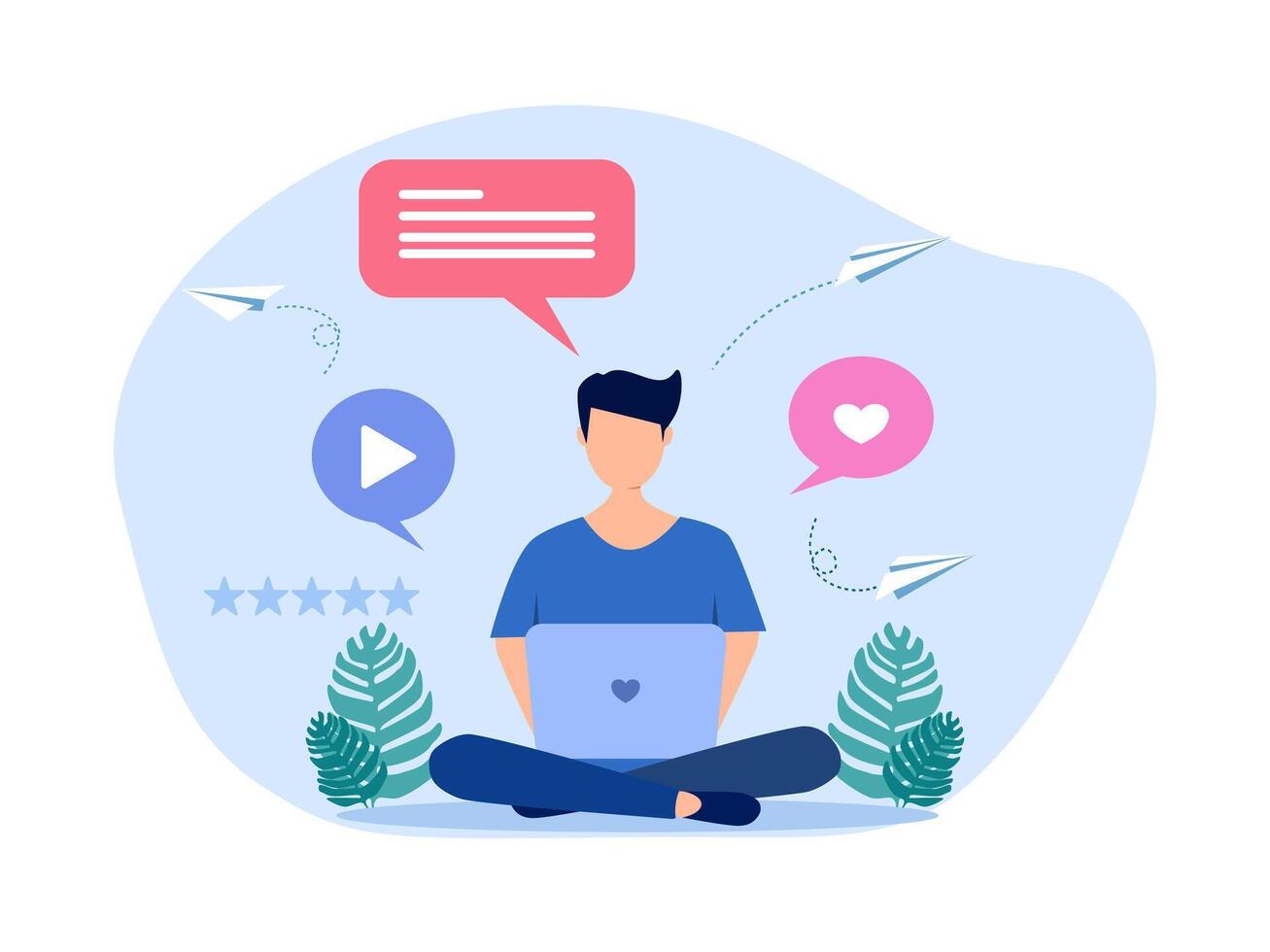 man with laptop and social icons on background vector