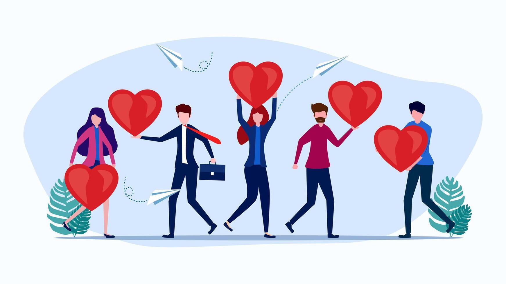 people holding red hearts and paper airplanes vector