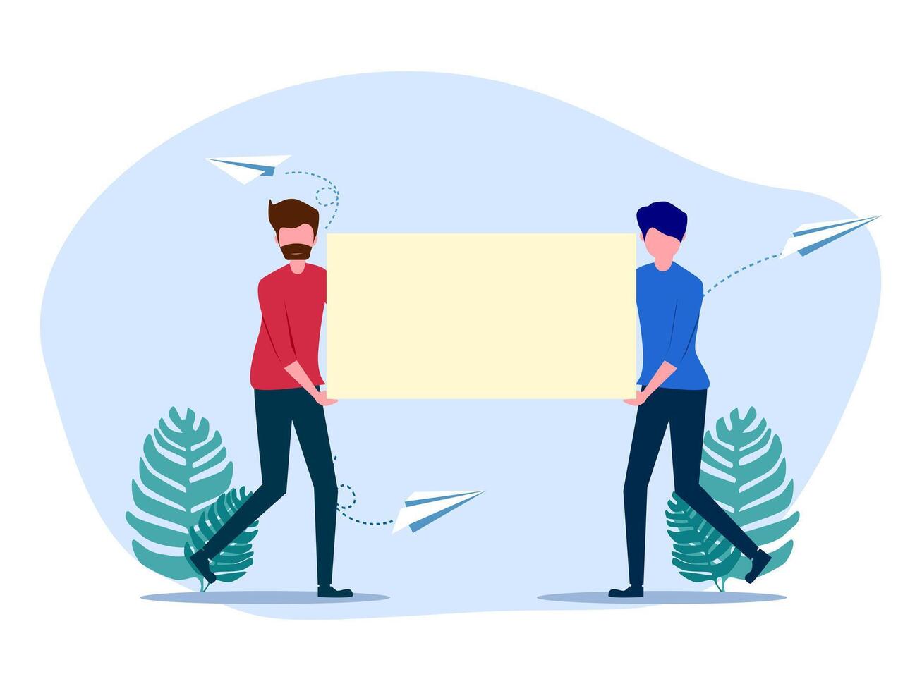 two people holding a blank sign with paper airplanes vector