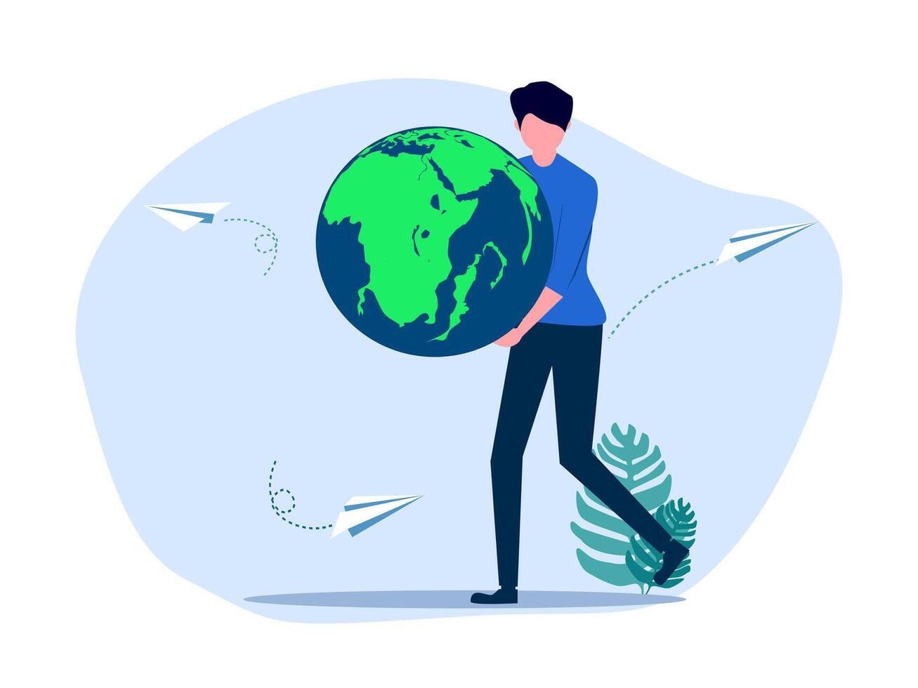 a man carrying a globe with paper airplanes flying around it vector