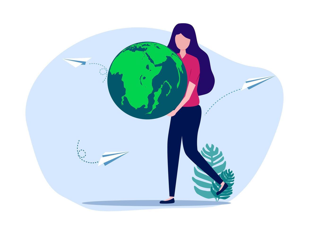 woman carrying earth globe with paper airplanes vector