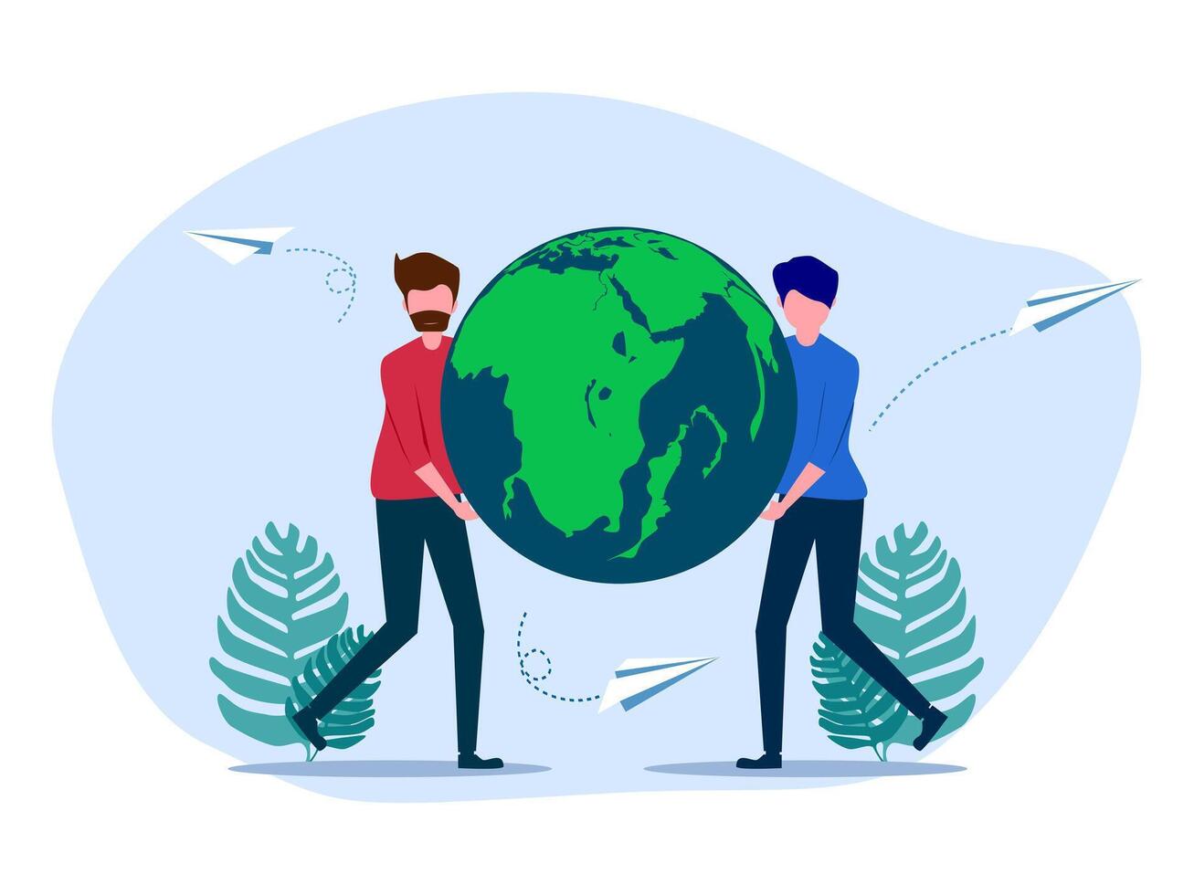two people holding a globe and paper airplanes vector