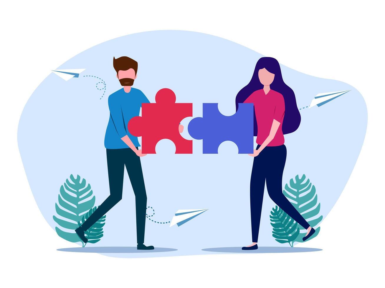 two people holding puzzle pieces, one man and one woman vector