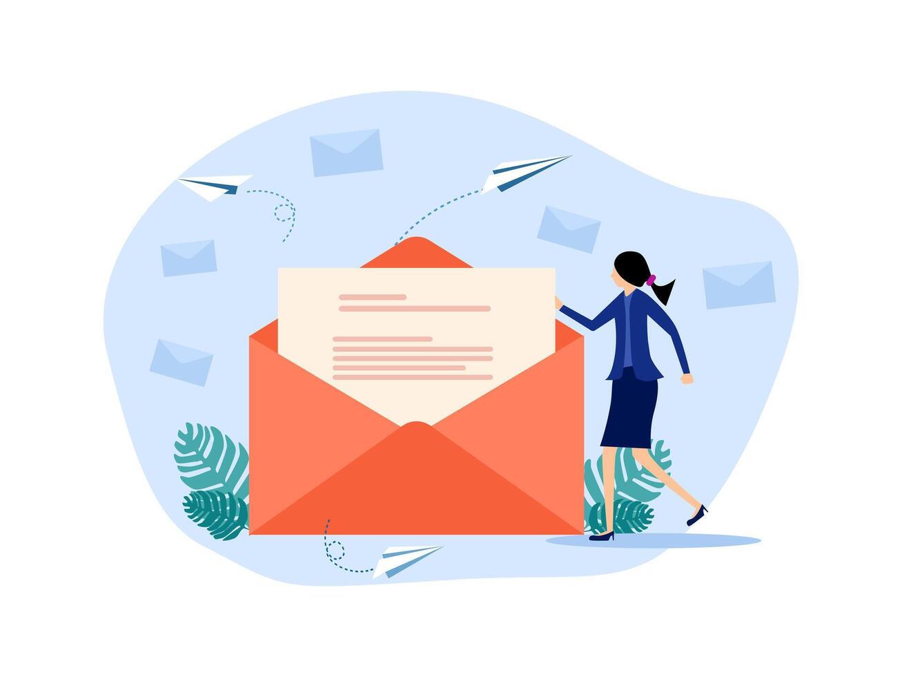 business woman with envelope and paper airplane vector