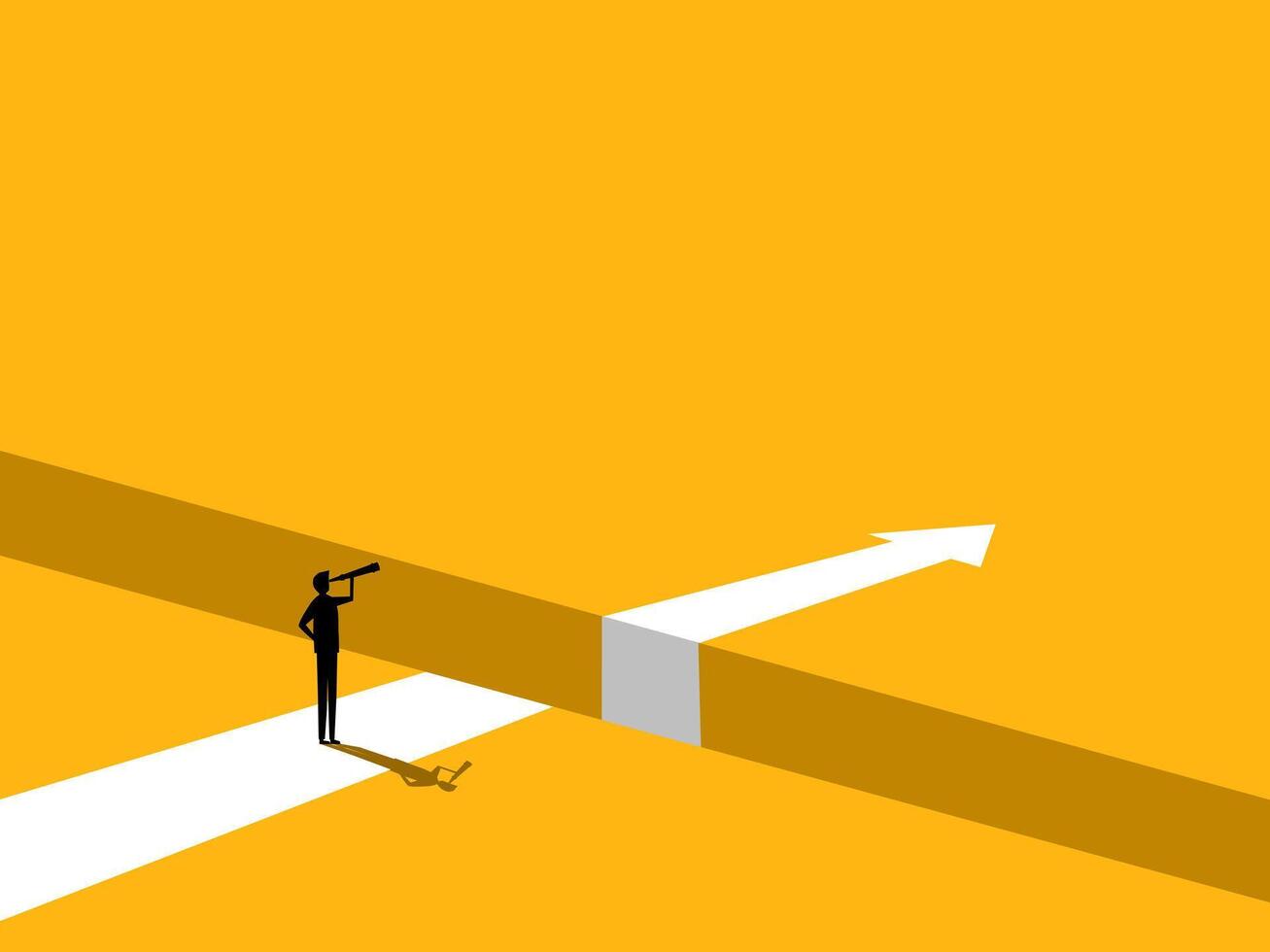 Obstacle Concept. Businessman Standing on the Edge of the Arrow Gap vector