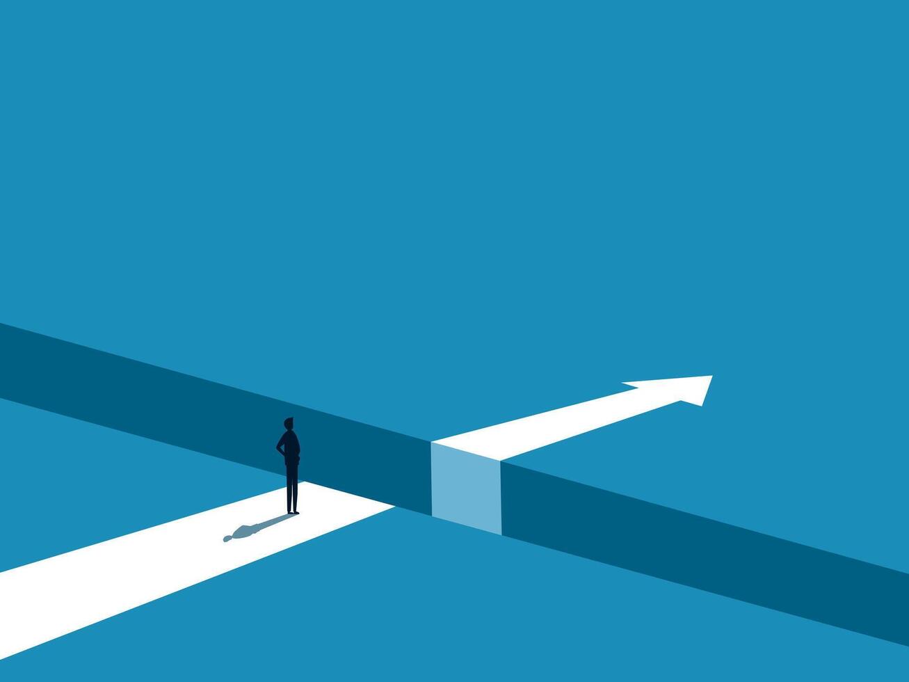 Business Challenge. Businessman Standing on the Edge of the Arrow Gap vector
