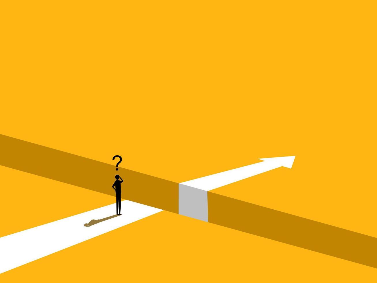 Obstacle Concept. man Standing on the Edge of the Arrow Gap vector