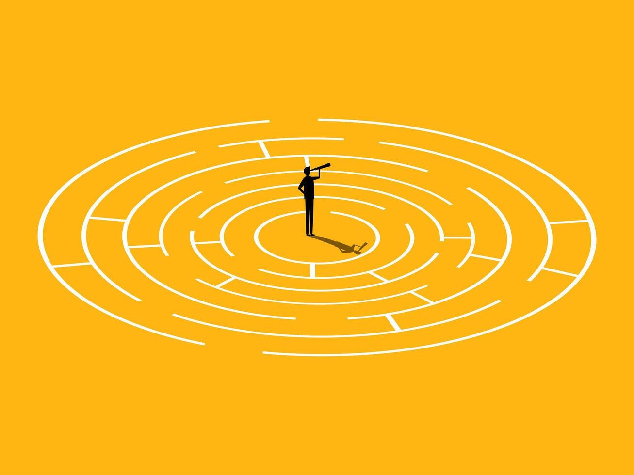 Out of the box problem solving. Businessman looking through binoculars in maze vector