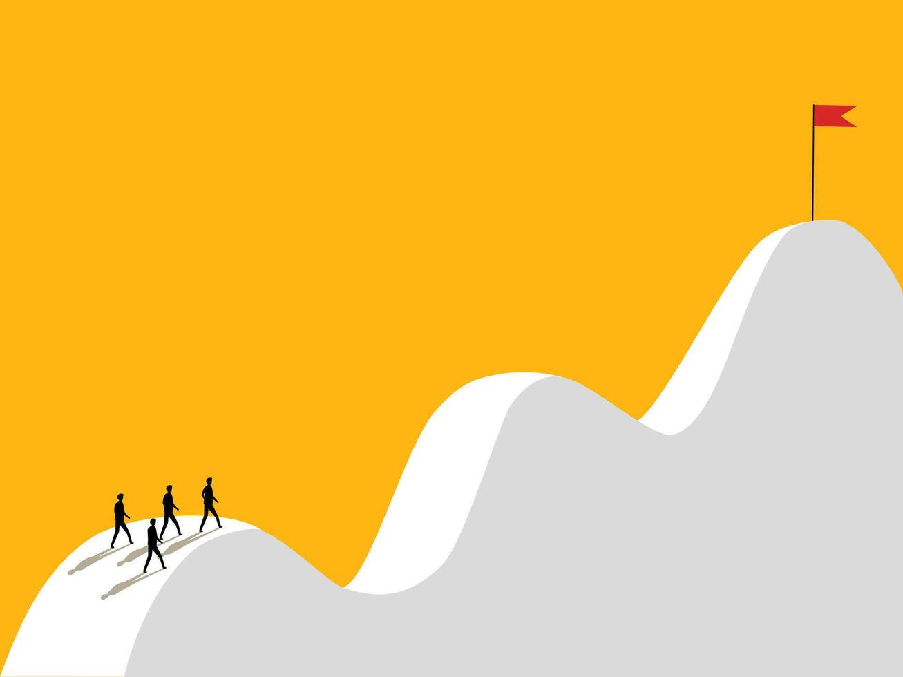 Difficult path. Businessman team walks on hill to victory flag vector