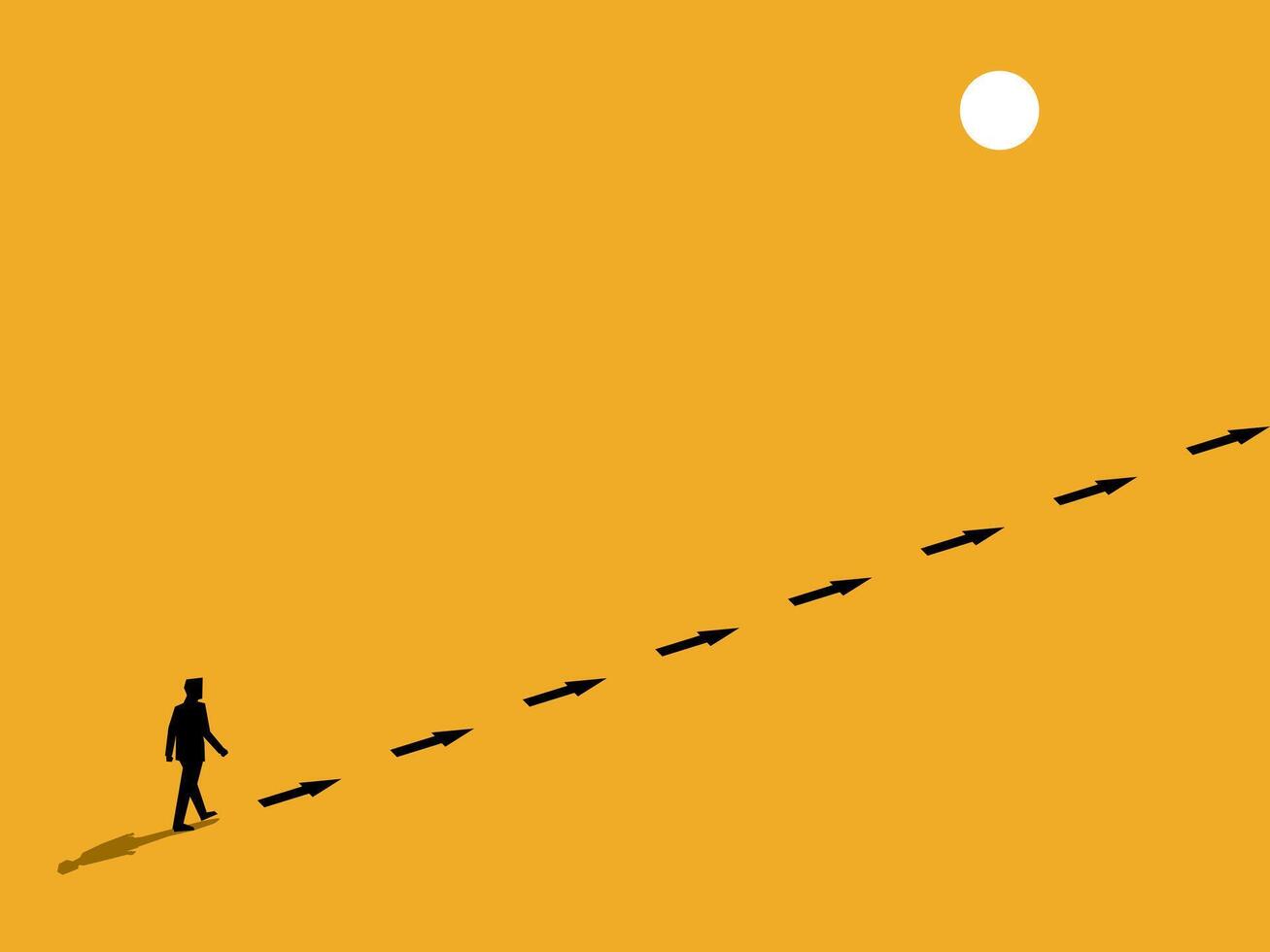 Advice, career advancement. Businessman walks along the shadow of an arrow vector