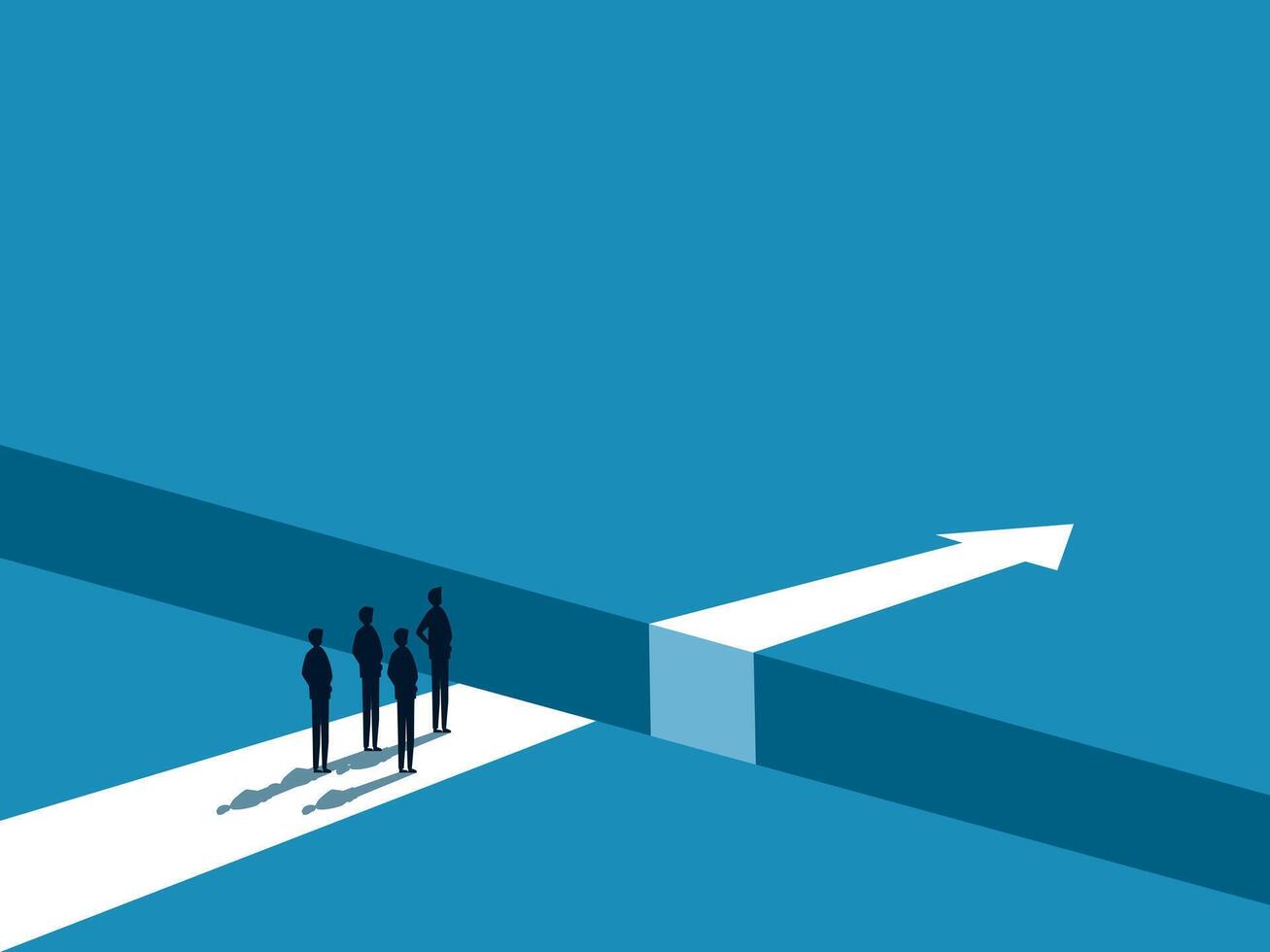 Obstacle Concept. team Businessman Standing on the Edge of the Arrow Gap vector