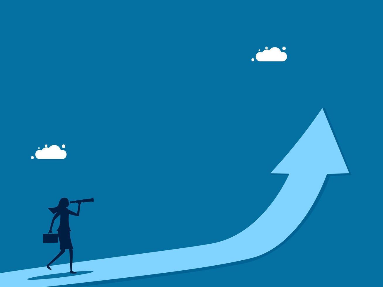 Looking forward to the future, progress. Businesswoman looking at binoculars on growth path vector