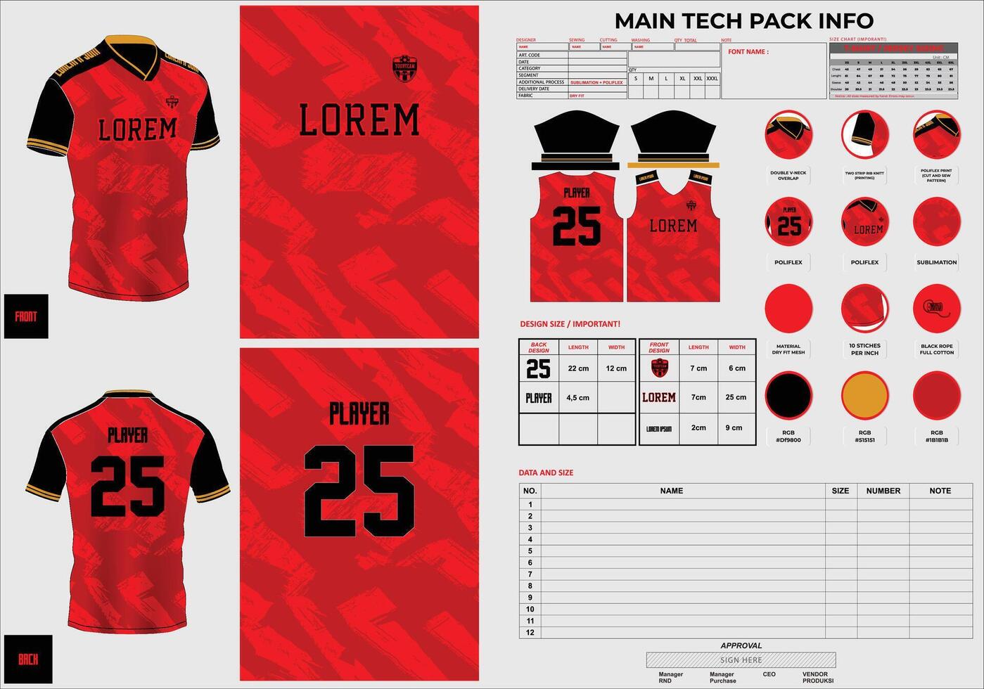 red sublimation jersey design with techpack and pattern vector