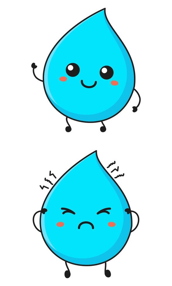 Cute sad and smiling happy water drop. modern cartoon character illustration icon design vector