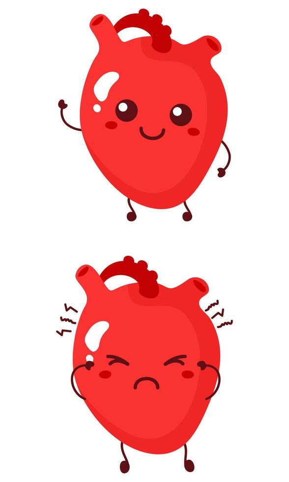 Cute sad and smiling happy heart organ human. modern cartoon character illustration icon design vector