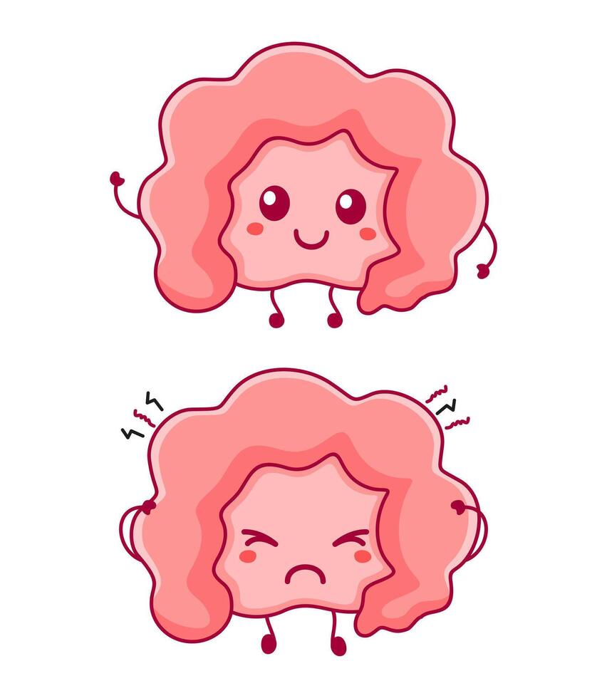Cute sad and smiling happy intestine organ human. modern cartoon character illustration icon design vector