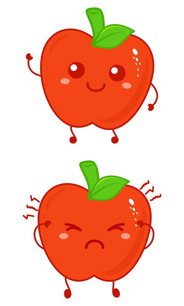 Cute sad and smiling happy apple fruit. modern cartoon character illustration icon design vector