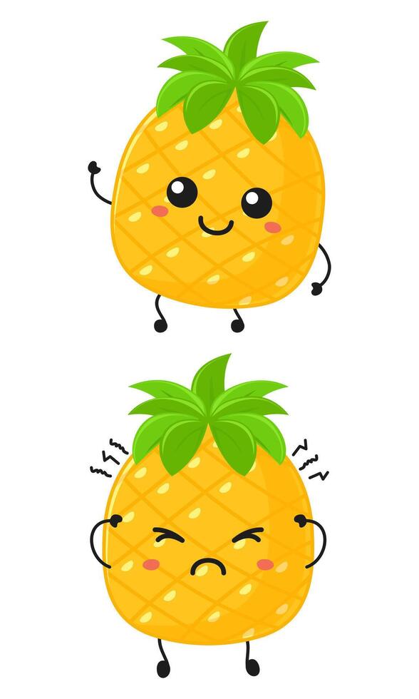 Cute sad and smiling happy pineapple fruit. modern cartoon character illustration icon design vector