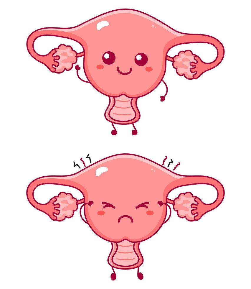 Cute sad and smiling happy uterus organ human. Modern cartoon character illustration icon design vector