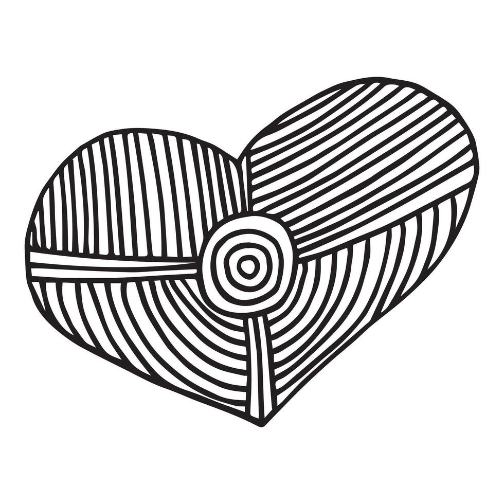 Doodle Love Icon. Hand-Drawn Black Contour Geometric Heart Icon with Central Circle and Radiating Hatch Lines. vector