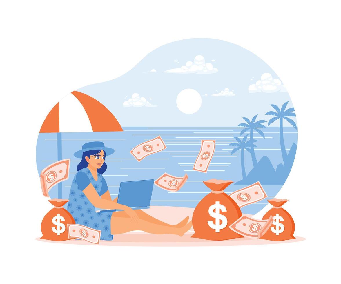 Freelancers work from anywhere. Woman relaxing on the beach and money coming out of laptop. Passive income concept. Flat illustration. vector