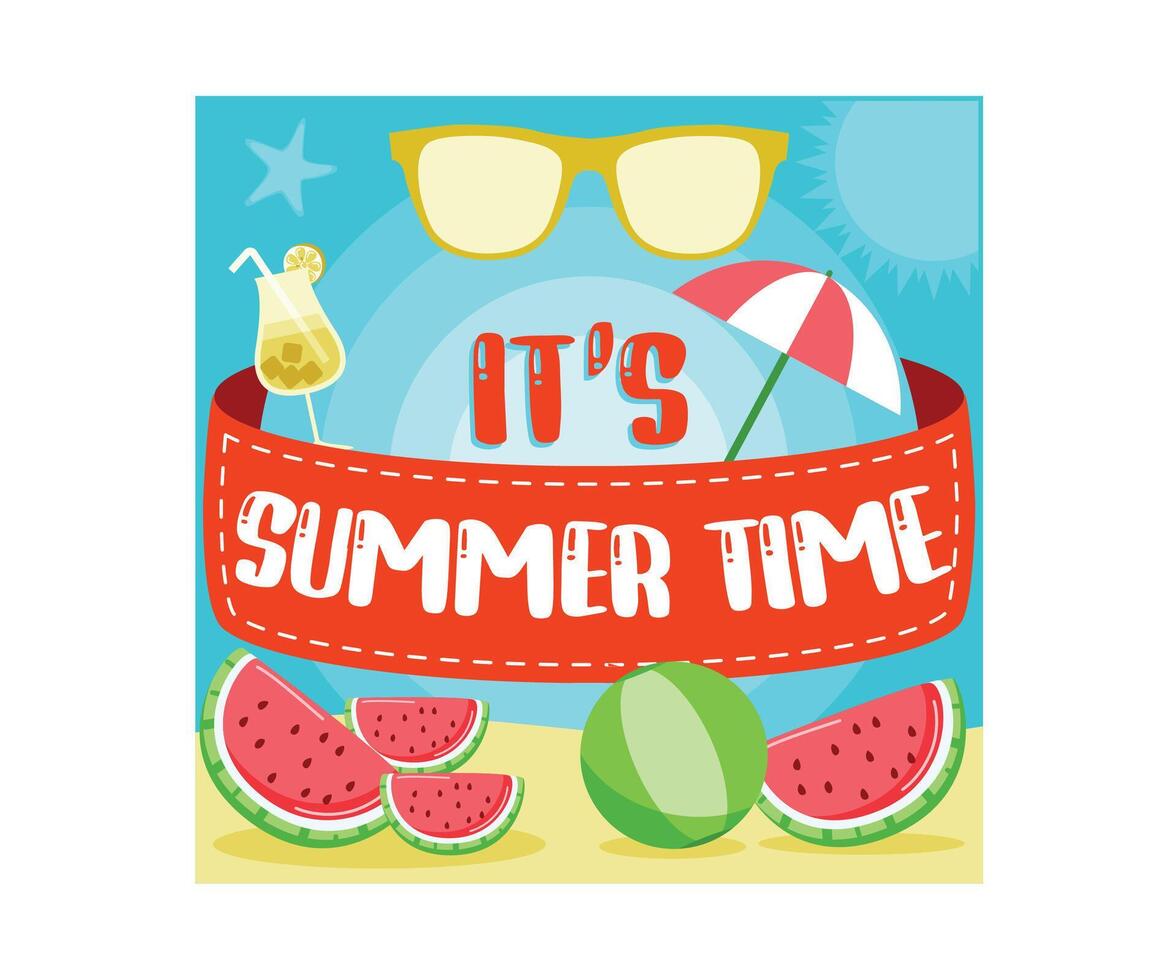 Spend the summer enjoying the beach views. Refreshing watermelon drink and fruit. Summer concept. Flat illustration. vector