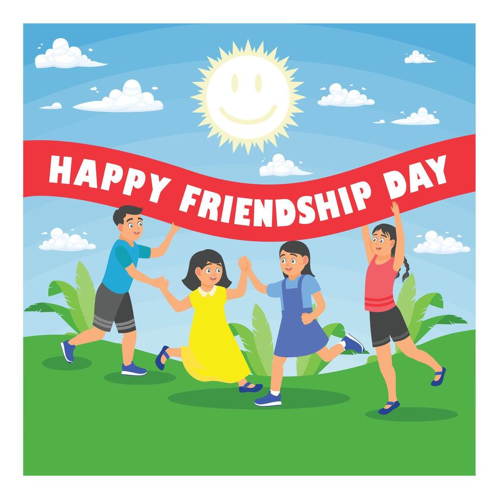 A group of children playing in the sun. Have fun and be happy together. Friendship Day concept. Flat illustration. vector