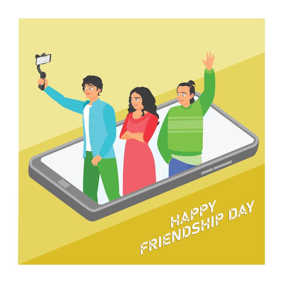 Three friends are taking a photo together. Selfie using a cell phone. Friendship Day concept. Flat illustration. vector