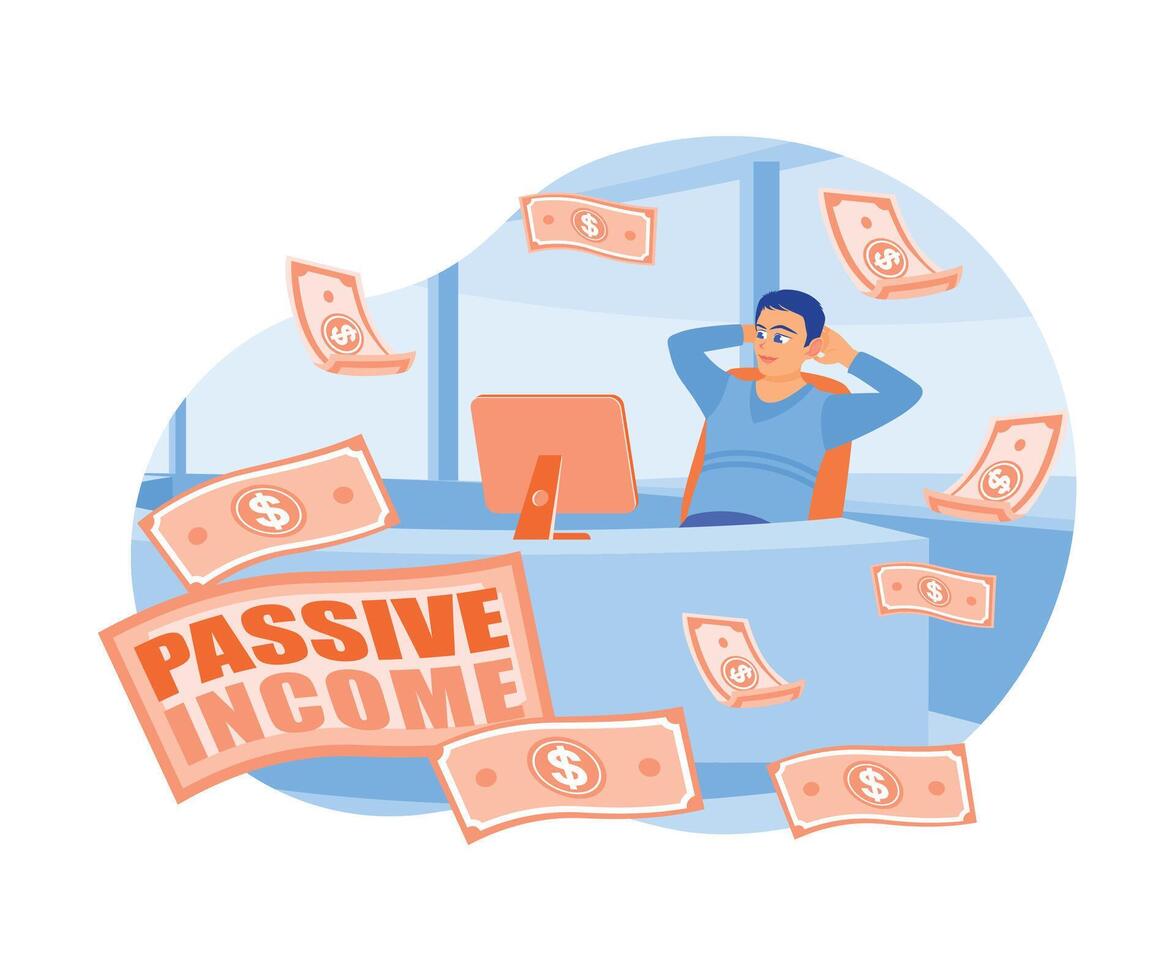 The man sitting relaxed in front of the computer. Money falls from the computer. Passive income concept. Flat illustration. vector
