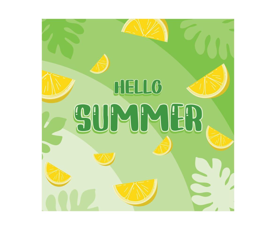 Colorful summer. Hello Summer, with a background of fresh leaves and fruit. Summer concept. Flat illustration. vector