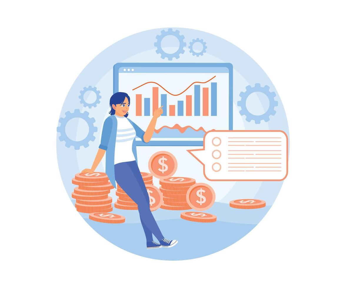 Women are analyzing statistical charts. Learn how to manage finances. Financial education concept. Flat illustration. vector