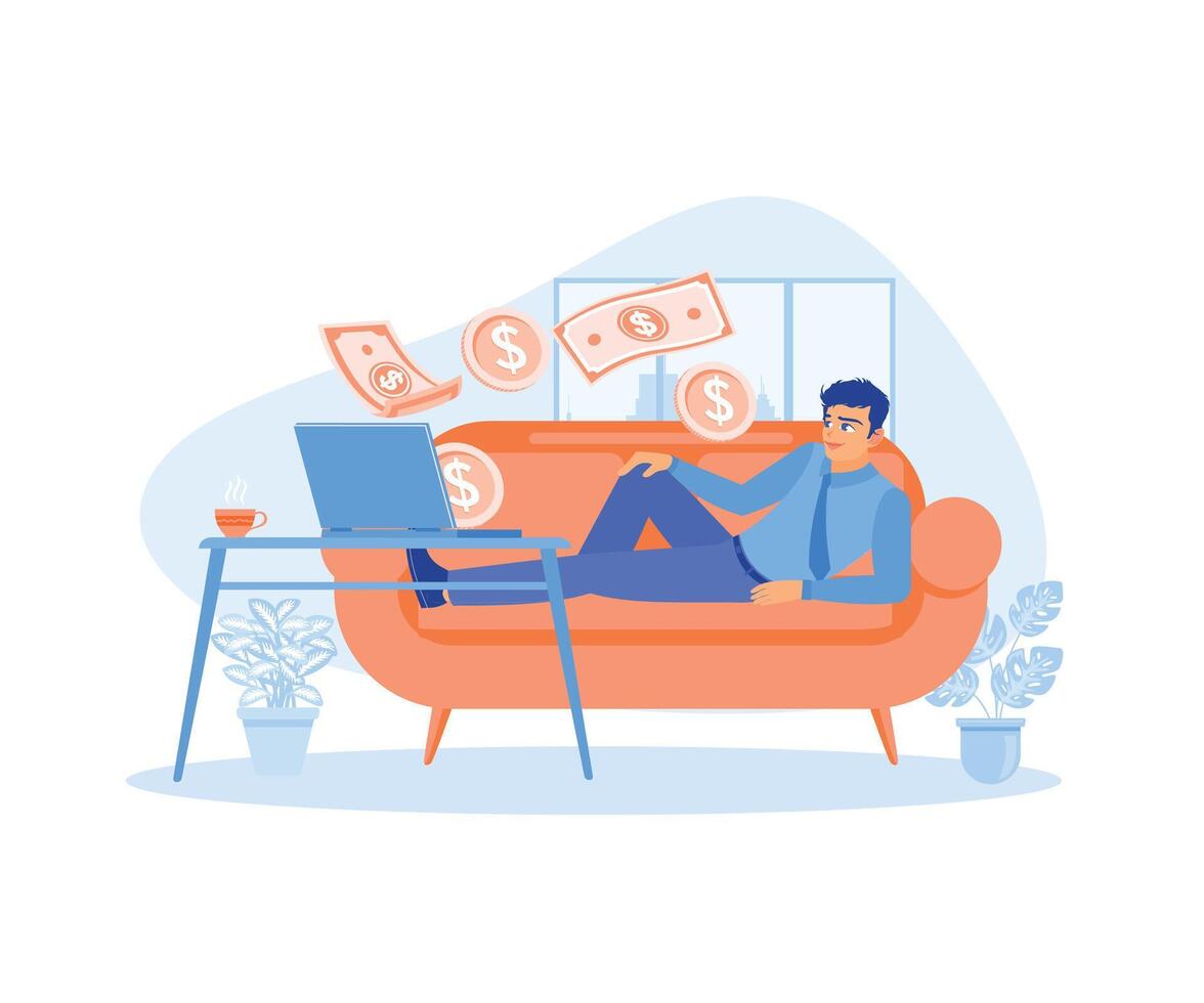 Businessman relaxing on the sofa. Money is coming out of the laptop. Passive income concept. Flat illustration. vector