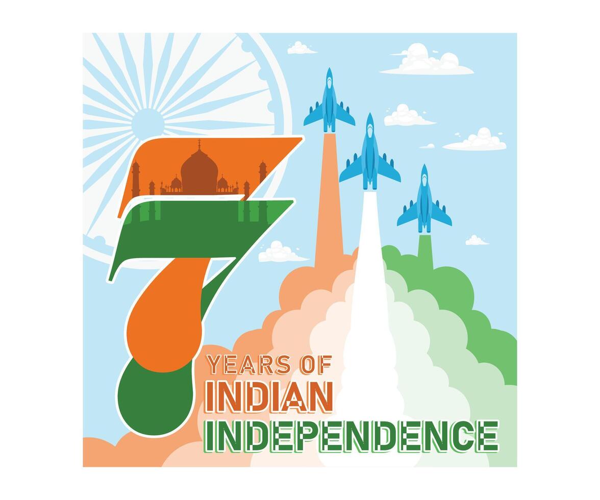 Commemorating India 77th Independence Day. Airplane attractions in Indian skies. Independence Day India concept. Flat illustration. vector