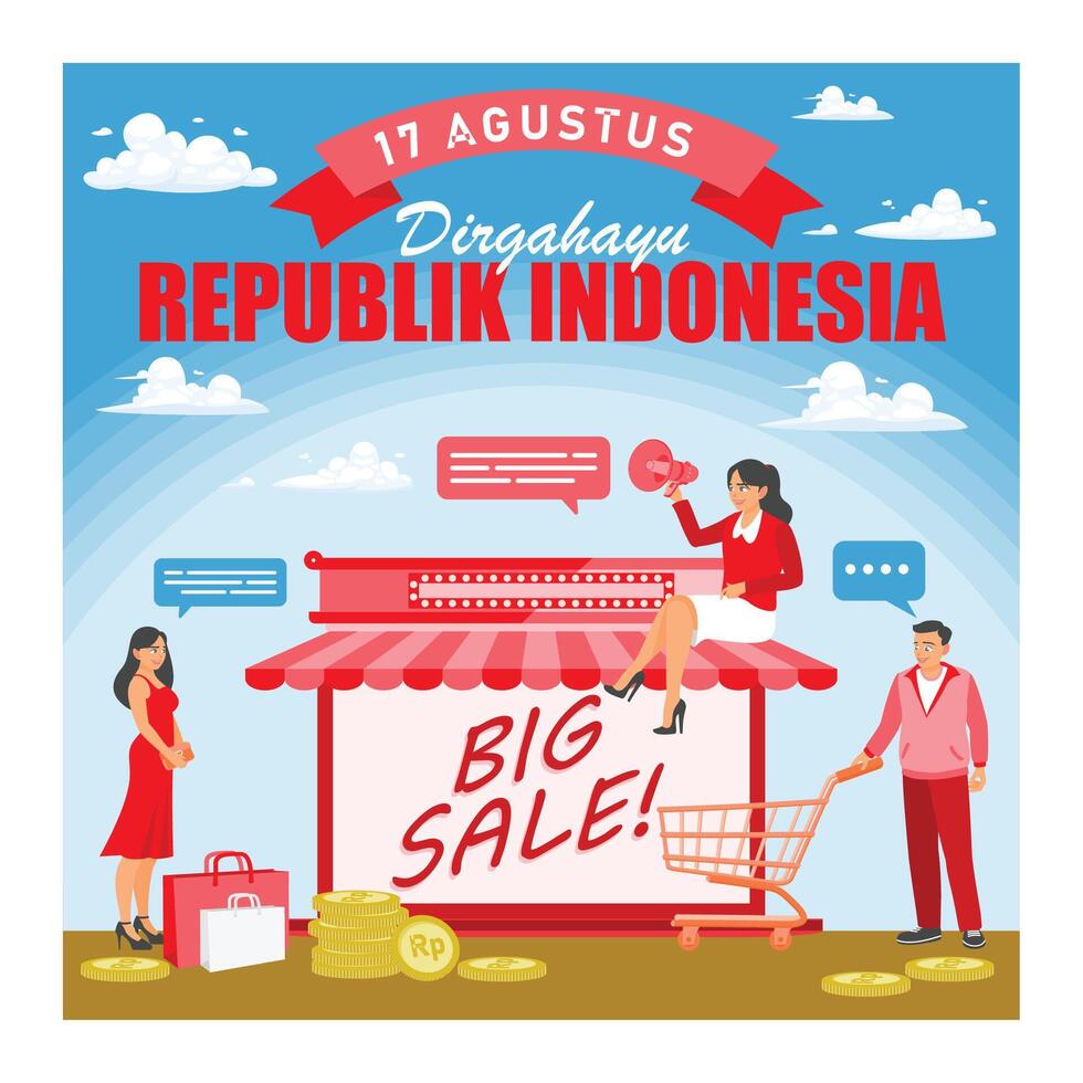 Indonesian people celebrate Independence Day. Substantial discount offers during Independence Day. Independence Day sale concept. Flat illustration. vector