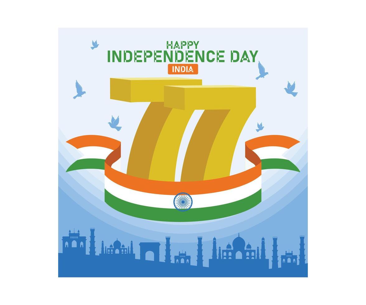 Commemorating India 77th Independence Day. Background of monuments in India. Independence Day India concept. Flat illustration. vector