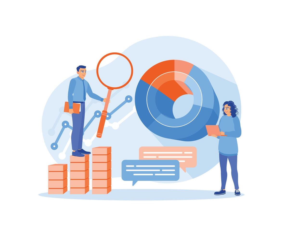 Men and women analyze statistical data. Discuss marketing graphs and charts. Market Research concept. Flat illustration. vector