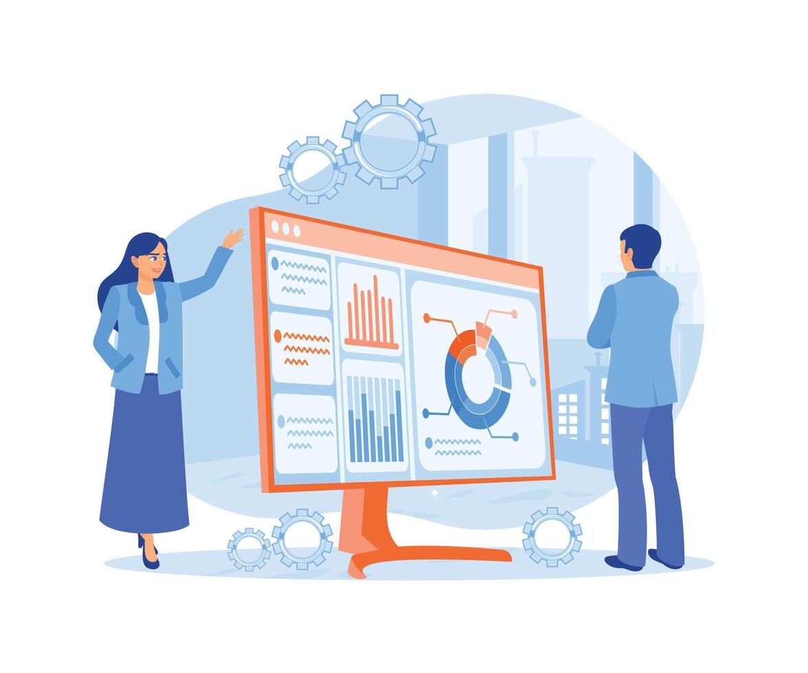 Businessmen and colleagues are holding a presentation. Analyze marketing graphs and charts. Market Research concept. Flat illustration. vector