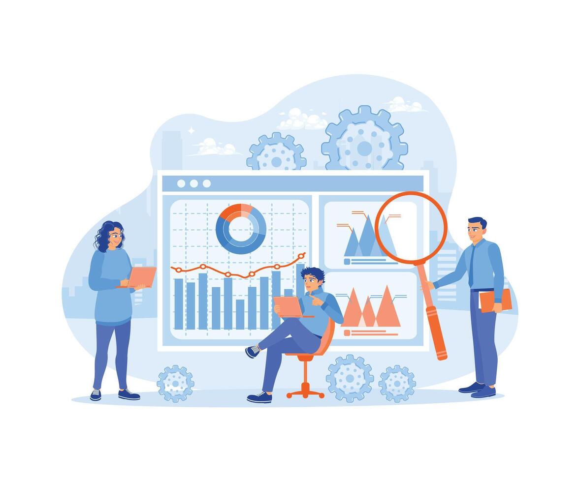 Business team holding presentation. Analyze the market and optimize SEO. Market Research concept. Flat illustration. vector