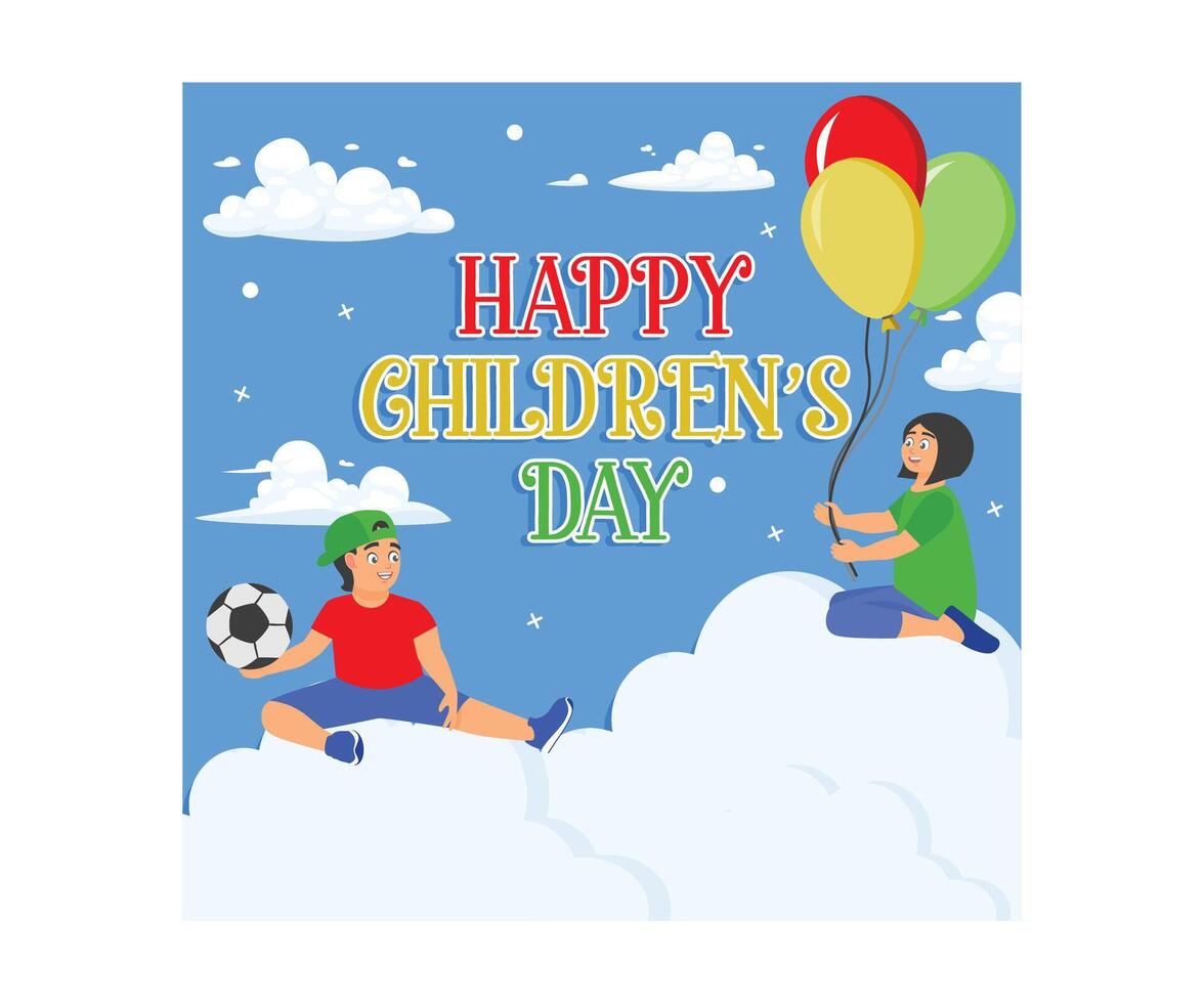 A boy and a girl are sitting on a cloud. Children are playing with balls and balloons. Children Day concept. Flat illustration. vector