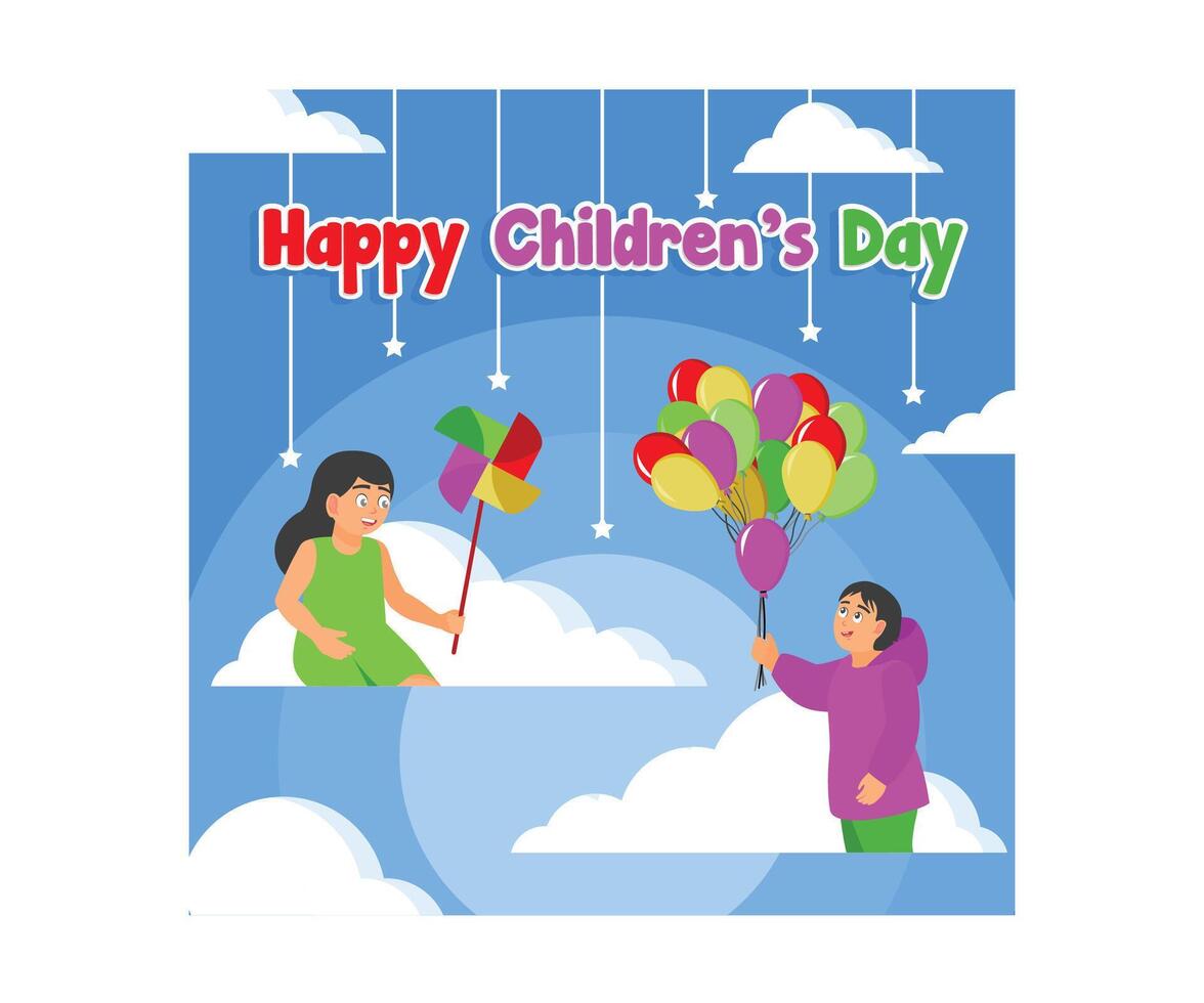 Boys and girls with cheerful faces. Holding a paper windmill and a bunch of balloons. Children Day concept. Flat illustration. vector