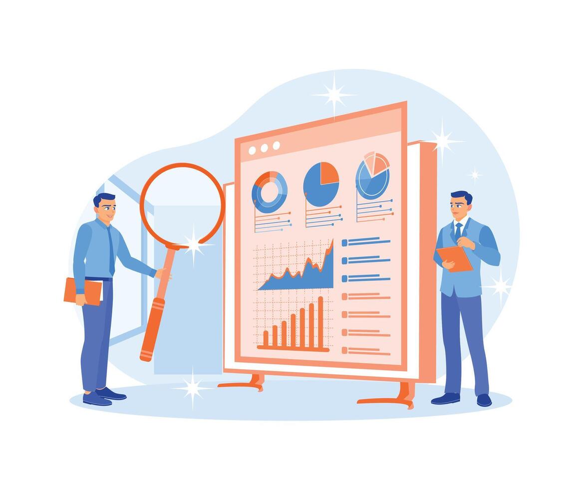 The finance team uses documents. Analyze and monitor financial data. Data Analysis concept. Flat illustration. vector