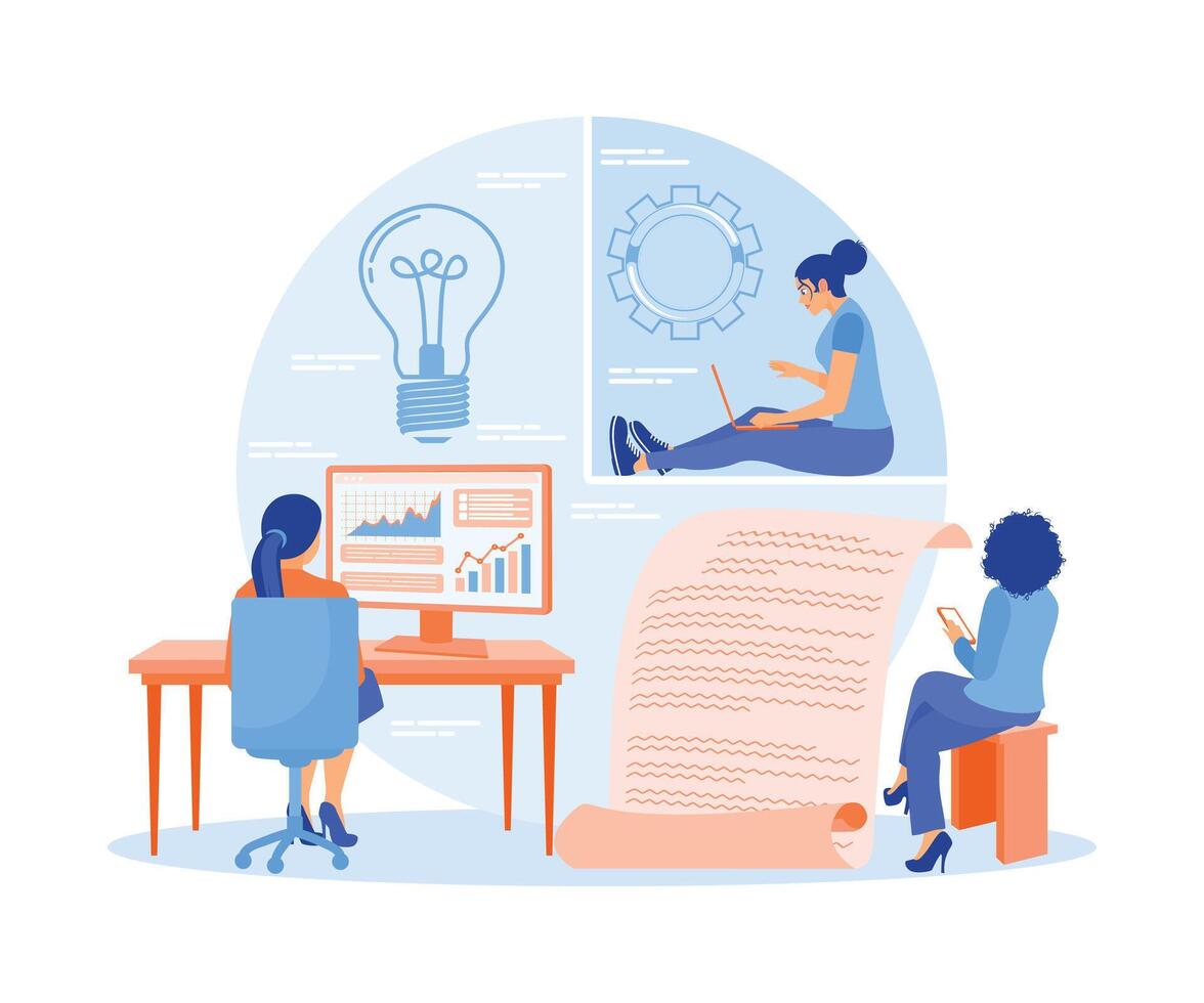 The finance team analyzes financial data. Create company financial reports. Data Analysis concept. Flat illustration. vector