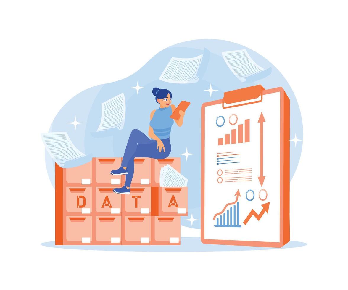 Woman organizes data storage. Store privacy data safely. Data Management concept. Flat illustration. vector